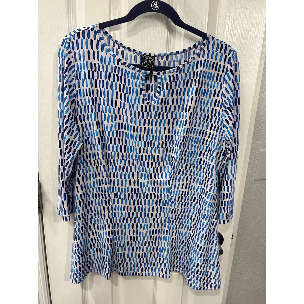 Clara Sunwoo Tunic Top Blue White Dash Print Keyhole 3/4 Sleeve Travel Blouse‎